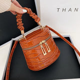 Stone Crocodile Pattern Bucket Bags For Women 4 Colors Pleated Handle Handbags Vintage Messenger Shoulder Bags