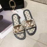 Women Sandals Summer Women Slippers Metal Button Letter Decoration Flat Beach Shoe Ladies Sandals Beach Shoes Casual Flip Flops