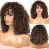 Highlight Brown Brazilian Virgin Curly Hair Wig With Bangs Deep Water Wave Human Hair Wigs For Black Women No Lace Wig