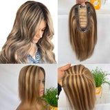 4P27 Medium brown Mix Dark Blonde Woman Toppers Human Thin Hair 7 * 13CM Silk Base Hairpieces Clip in Remy Hair Pieces