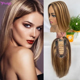 4P27 Medium brown Mix Dark Blonde Woman Toppers Human Thin Hair 7 * 13CM Silk Base Hairpieces Clip in Remy Hair Pieces