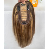 4P27 Medium brown Mix Dark Blonde Woman Toppers Human Thin Hair 7 * 13CM Silk Base Hairpieces Clip in Remy Hair Pieces