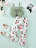 Girls Bow Detail Cami and Floral Flare Pants Set