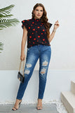 Plus Size Heart Print Butterfly Sleeve Mock Neck Top