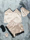 Lace Trim Cami, Shorts, Eye Mask, Scrunchie, and Bag Pajama Set