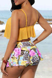 Two-Tone Ladder Cutout Ruffled Two-Piece Swimsuit