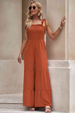 Tie-Shoulder Smocked Tiered Jumpsuit