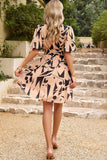 Printed Deep V Puff Sleeve Dress