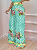 Printed Surplice Top and Wide Leg Pants Set