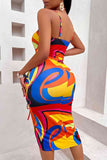 Printed Drawstring Spaghetti Strap Bodycon Dress